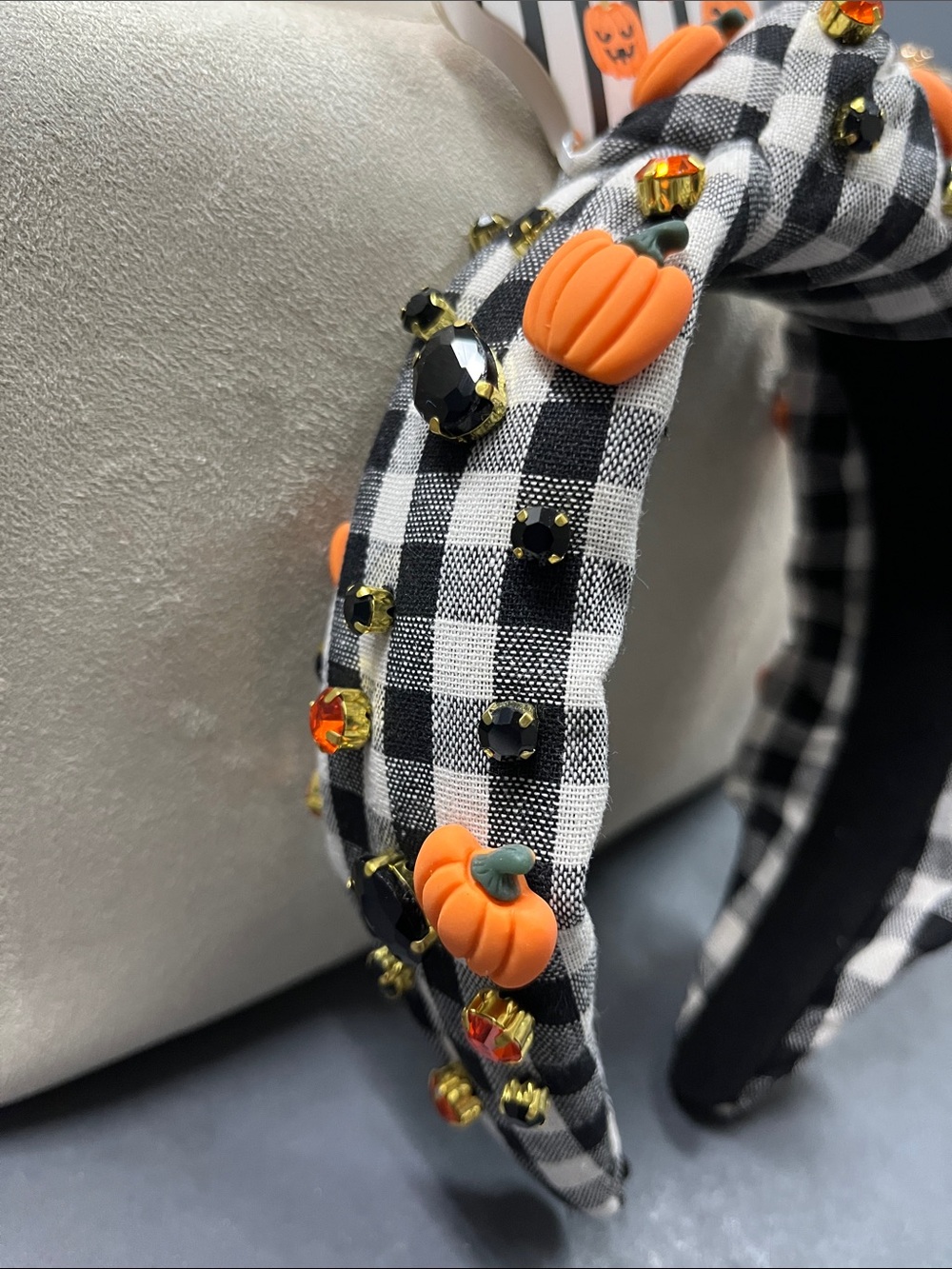 NWT Piper Black & White Gingham Headband with Orange Pumpkin Accents - Picture 2 of 5